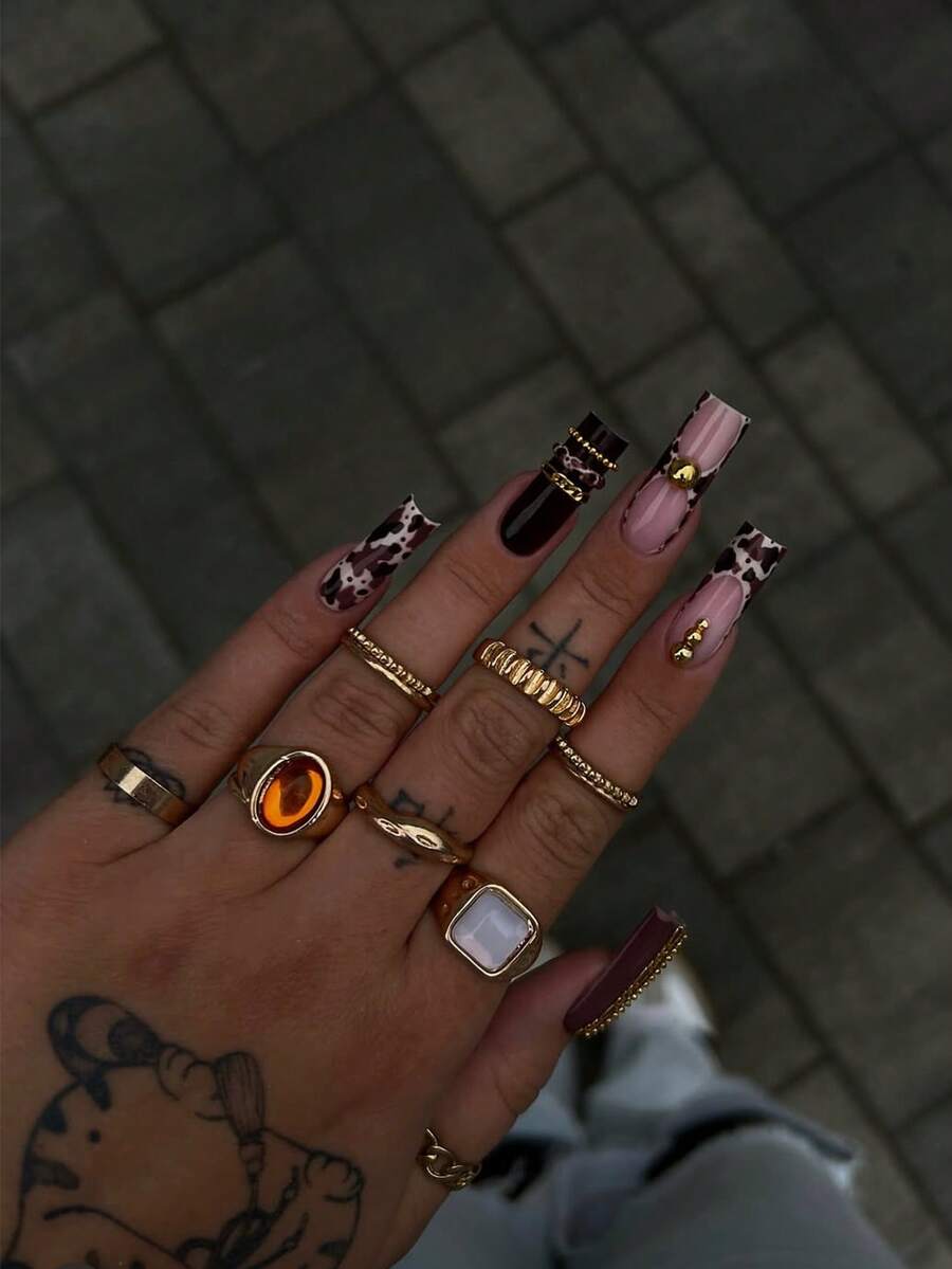24Pcs Fall Winter Long Taper Press On Nails,Retro Cool False Nails,Wine Red Nude Cow Print With Gold Chain & Bead Metal Ornament Nail Kit With Jelly Glue & Nail File For Women - Brown - View 1