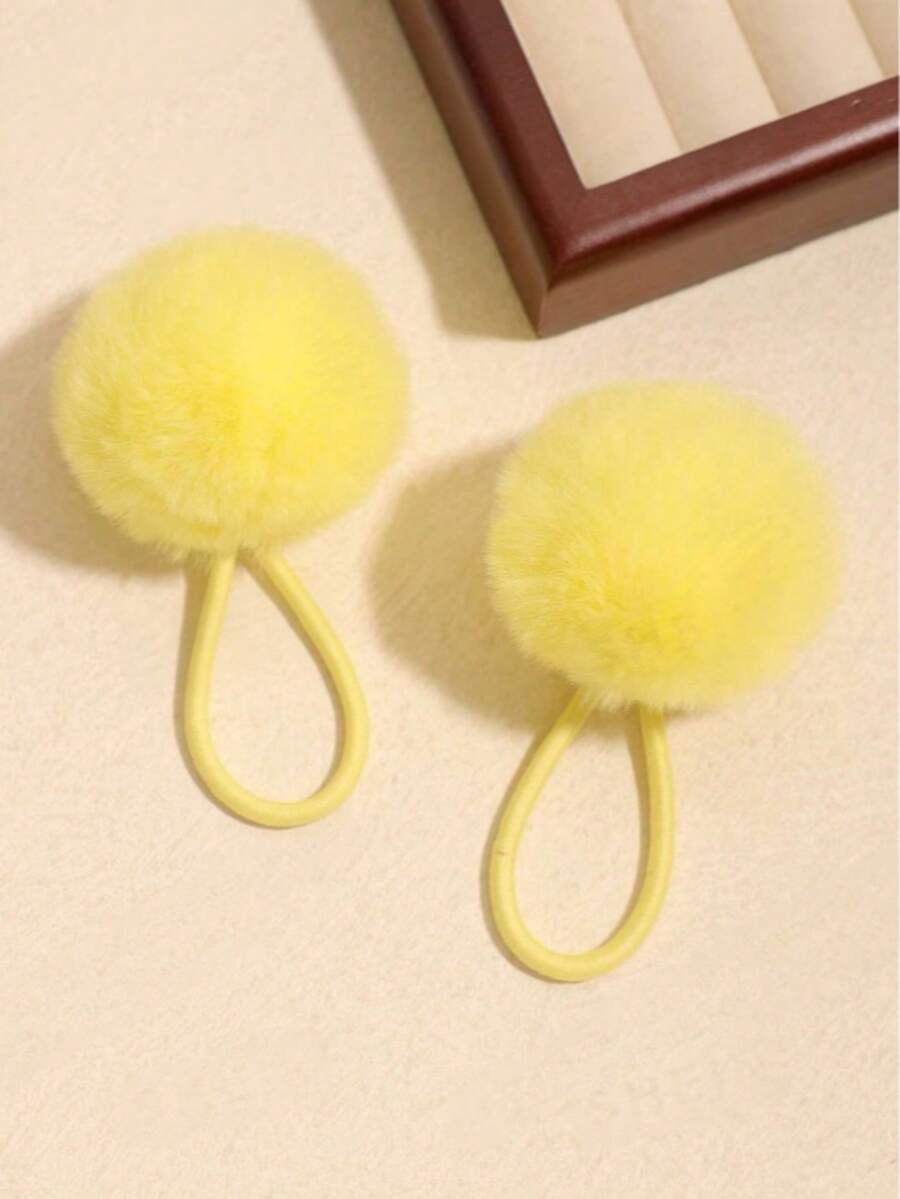 1piece Set Of Lemon Yellow Plush Stretch Hair Ball Hair Ties, Hair Accessories For Everyday Solid Color, Casual Parties, Cute Street Style, Elegant - Yellow - View 1