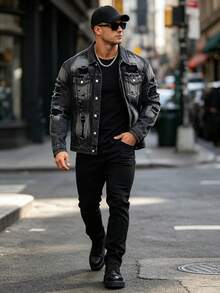 Men's Non-Stretch Black Distressed Denim Jacket, Heavyweight Ripped Washed Lapel With Flap Pockets, Vintage Street Style Outerwear - Black - View 1