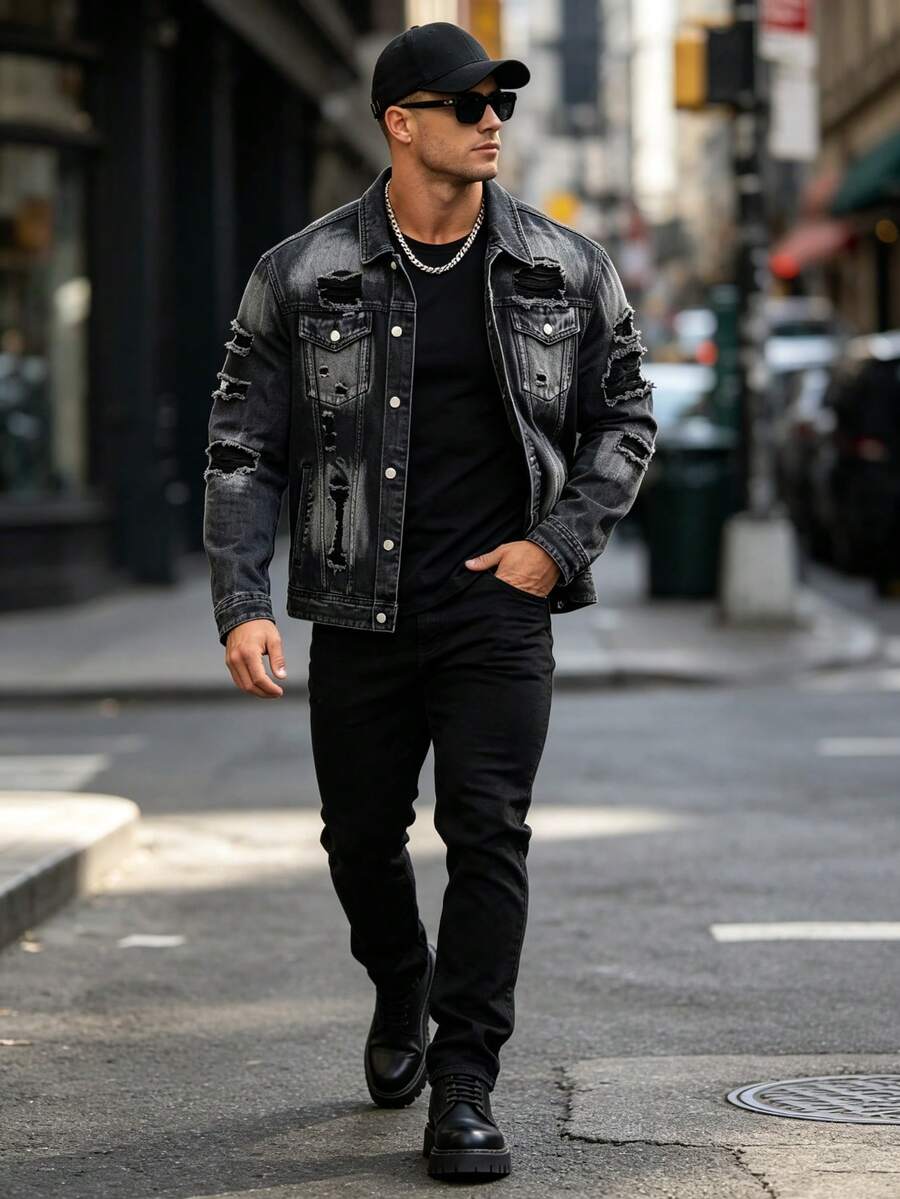 Men's Non-Stretch Black Distressed Denim Jacket, Heavyweight Ripped Washed Lapel With Flap Pockets, Vintage Street Style Outerwear - Black - View 1