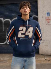 Men's Vintage Racing #24 Distressed Number Print Striped Sleeve Drawstring Hooded Sweatshirt, Casual Sports Street Style Kangaroo Pocket Long Sleeve Pullover - Multicolor - View 2