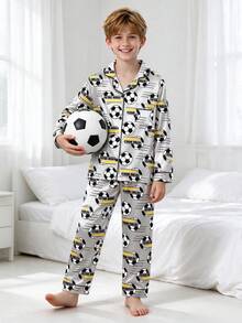 Tween Boy Grey Football Long Sleeve & Long Pants Pajama 2pcs Set - Multicolor - View 3