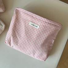 1pc Sweet Pink Cosmetic Bag For Women Soft Fabric Zipper Makeup Organizer Large Capacity Make Up Pouch Jacquard Clutch Pouch Grid & Strip Toiletry Bag - Multicolor - View 13