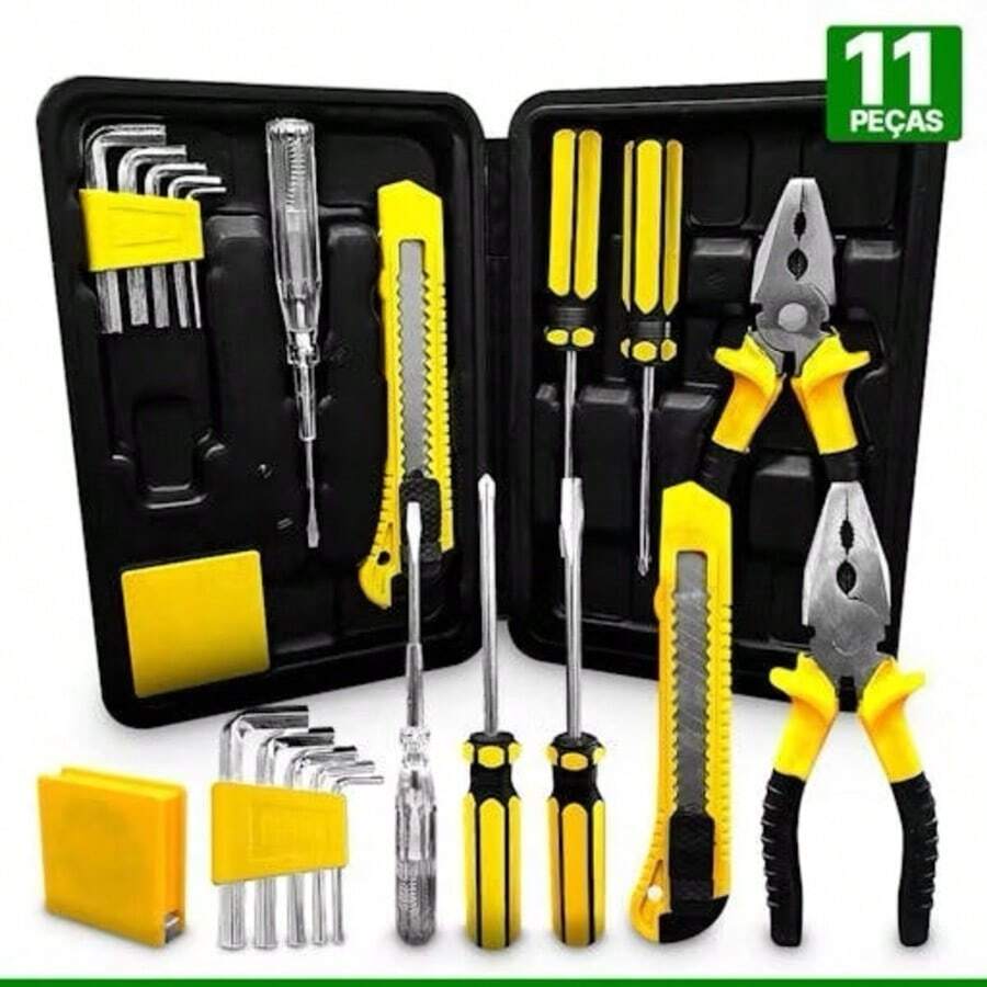 Kit De Ferramentas Com Maleta 11 Peças Alicate Chave Fenda Estilete