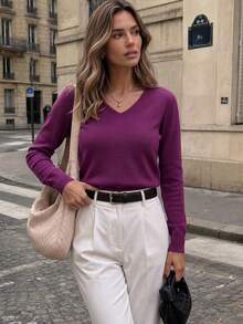 BYGOUBY Women's Basic Spring/Autumn V-Neck Lightweight Knit Sweater Long Sleeve Casual Pullover Soft And Comfortable - Purple - View 4