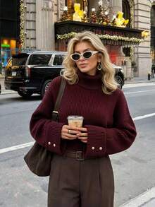 Women's New Autumn High Neck Knit Sweater, Casual, College, Commute - Red - View 1