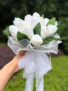 White Pearl Tulip Bridal Bouquet(8.66inch)With Pearl Decoration, Lace Bow Artificial Flower For Wedding Party Prom Gift - Multicolor - View 2