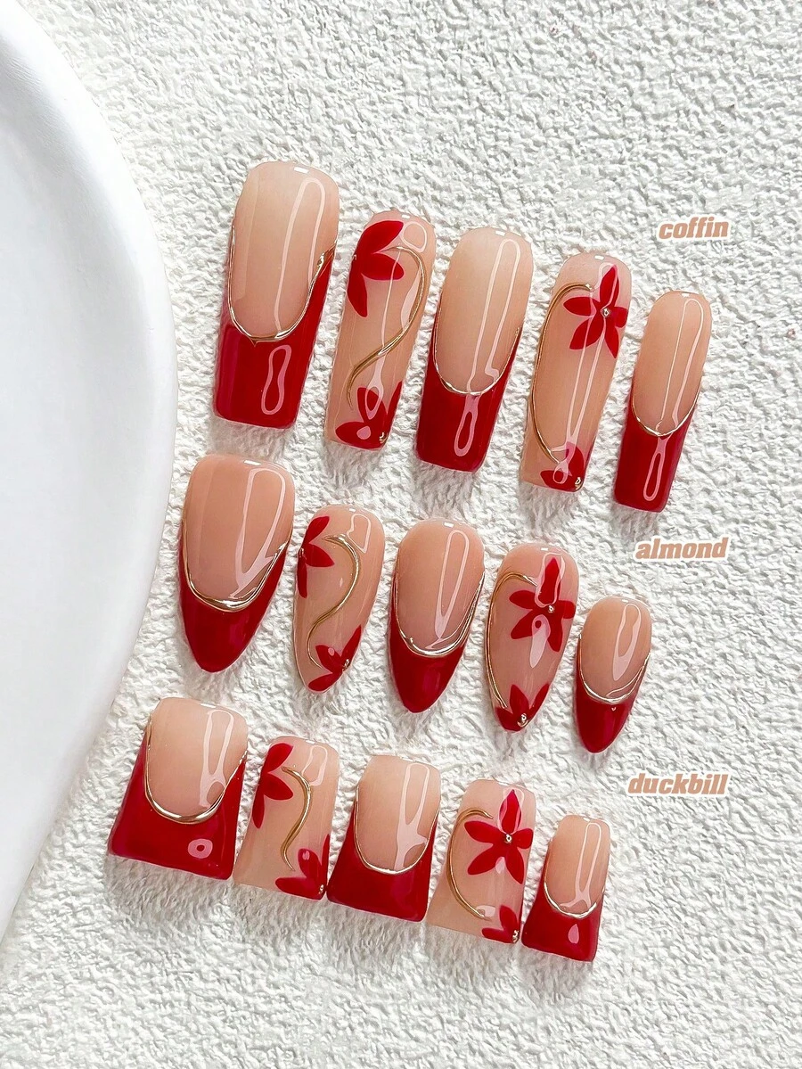 10pcs Autumn Vintage French Style Handmade Press-On Nails, Polygel Nail ...