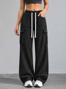 Black Wide Leg Cargo Pants For Women With Elastic Drawstring Waist Flap Pockets Relaxed Loose Fit Trousers For Daily Wear - Black - View 8