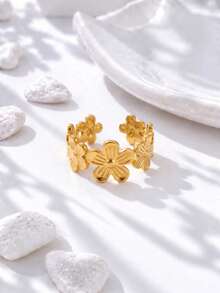 French Romantic Sweet Daisy Row Flower Open Ring, INS Style Minimalist Elegant Versatile Adjustable Index Finger Ring, Premium Women's Hand Jewelry Gift - Gold - View 2