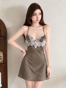 Top Dazzle Elegant Women's Sleeveless Cami Short Dress With Deep V Neck And Delicate Ruffle Lace Details For A Seductive Look - Brown - View 2