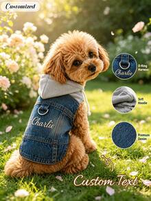 Rompi Jaket Denim Anjing Bordir Kustom dengan Harness D-Ring dan Tudung | Mantel Jeans Anak Anjing yang Dipersonalisasi untuk Anjing & Kucing Kecil dan Sedang, Cocok untuk Anjing Kecil seperti Poodle, Bichon Frise, Teddy - MultiWarna - View 1