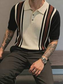 Camisa polo de punto casual de manga corta a rayas para hombre - Negro - Ver 2