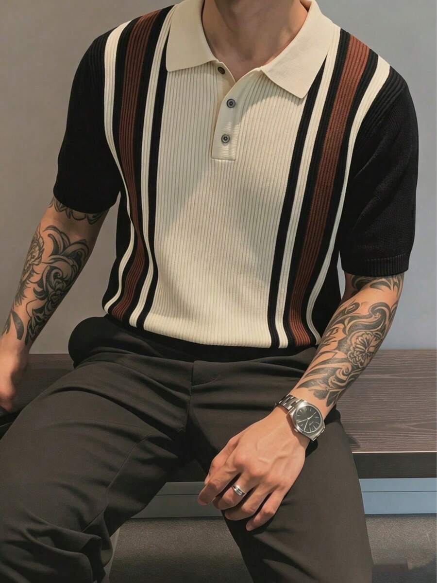 Camisa polo de punto casual de manga corta a rayas para hombre