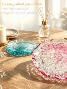 2pcs Gradient Glass Coasters, Transparent Asymmetrical Round Coasters With Ice Crack Pattern, Multi-Functional Coasters, Decorative Coasters, Suitable For Various Cups And Kitchen Countertops, Perfect Gift Choice - Multicolor - View 5