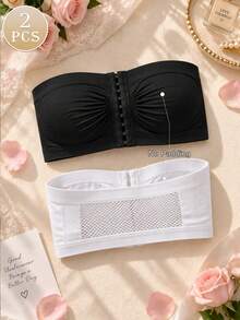 2pcs Women's Wireless Strapless Bandeau Bra, Front Closure Anti-Slip Support Bra, Breathable Hollow Mesh Back Design, Suitable For Daily Wear & Party Outfits - Multicolor - View 2