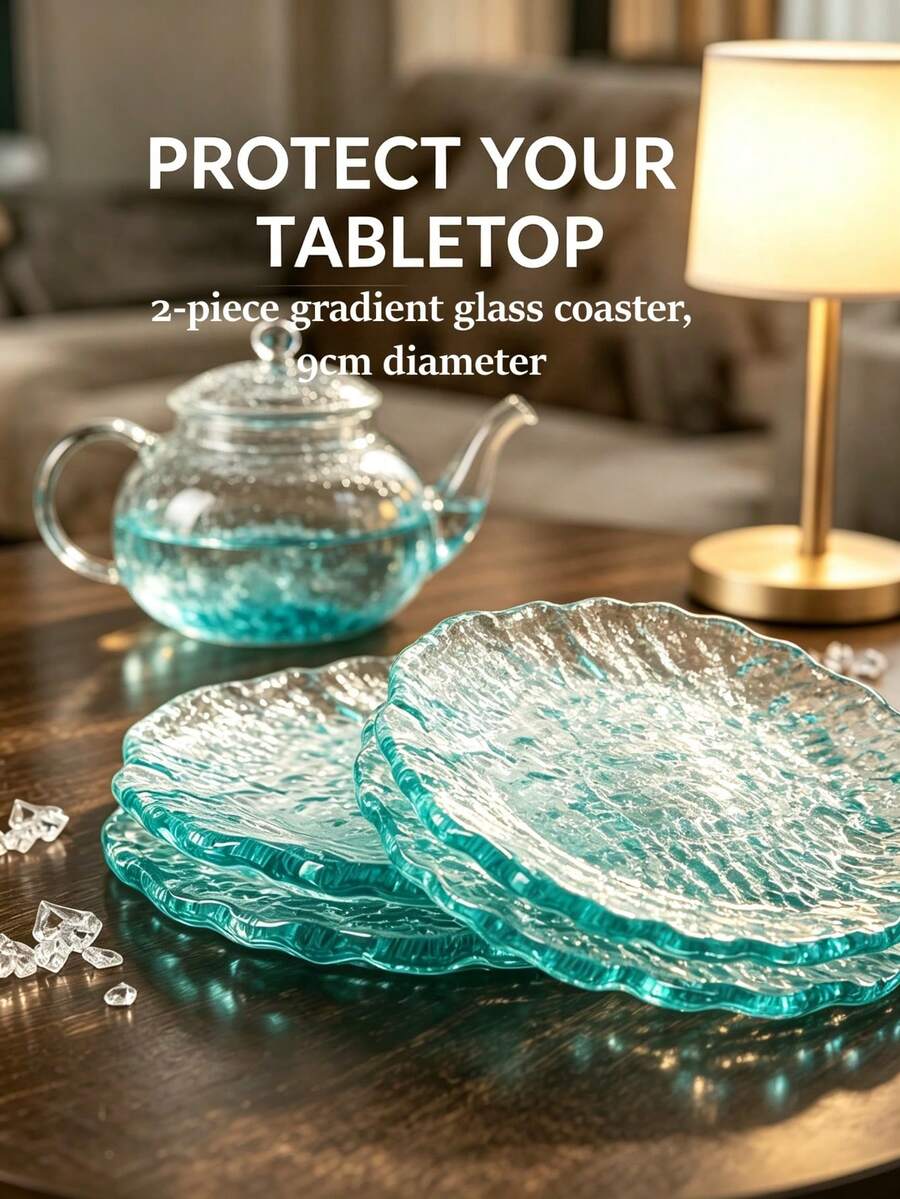 2pcs Gradient Glass Coasters, Transparent Asymmetrical Round Coasters With Ice Crack Pattern, Multi-Functional Coasters, Decorative Coasters, Suitable For Various Cups And Kitchen Countertops, Perfect Gift Choice - Multicolor - View 1