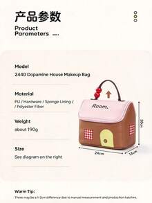 1pc Cute House Shaped Dopamine Color Makeup Bag, Large Capacity Cosmetic Storage Bag, Portable Travel Toiletry Bag With Beaded Handle, Can Hold Lipstick, Brushes, Suitable For Daily Use, Weekend Trips, Business Travel, Convenient To Carry Outdoor Cosmetic Storage Bag - Multicolor - View 5