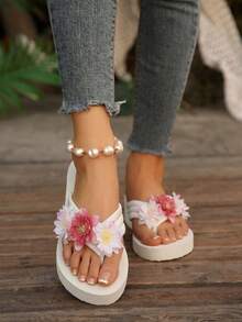 Spring Summer Cross Strap Floral Decor Fairy Style Thick Sole Slippers For Women, Outdoor Beach Vacation EVA Wedge Heel Platform Sandals For Ladies - Beige - View 6