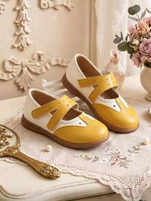 1 Pair White & Yellow Colorblock Patchwork PU Material Round Toe Low-Top Hook & Loop Flat Retro Mary Jane Shoes For Girls, Suitable For Daily Wear And Pastoral Style Outfits - Yellow - View 4