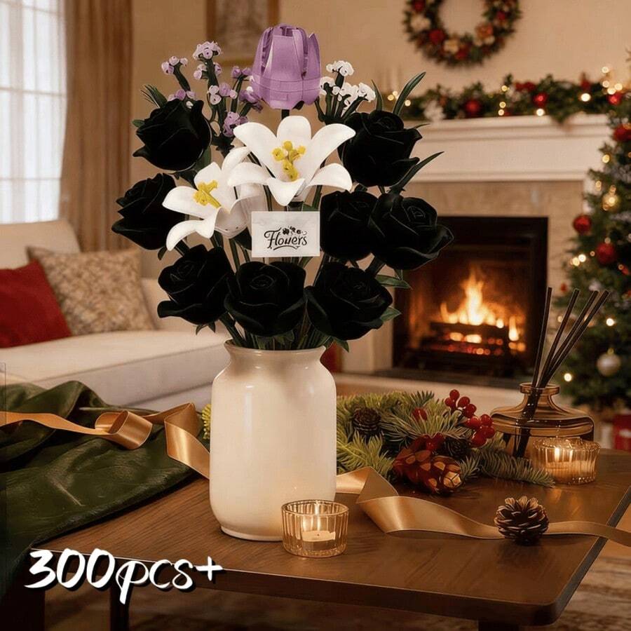 Creative Building Block Flower Bouquet Assembly Toy Set, Includes Roses, Tulips, Lilies And Baby's Breath Multiple Flower Types, Tight Interlocking Particles, Fun Assembly Process, Develops Children's Hands-On Ability And Concentration. No Watering Required For Long-Term Display, Can Be Paired With Vase As Desktop Decoration, Suitable As Holiday Gift, Birthday Gift, Educational Handmade Building Blocks For Boys And Girls. Vase Not Included - Multicolor - View 1