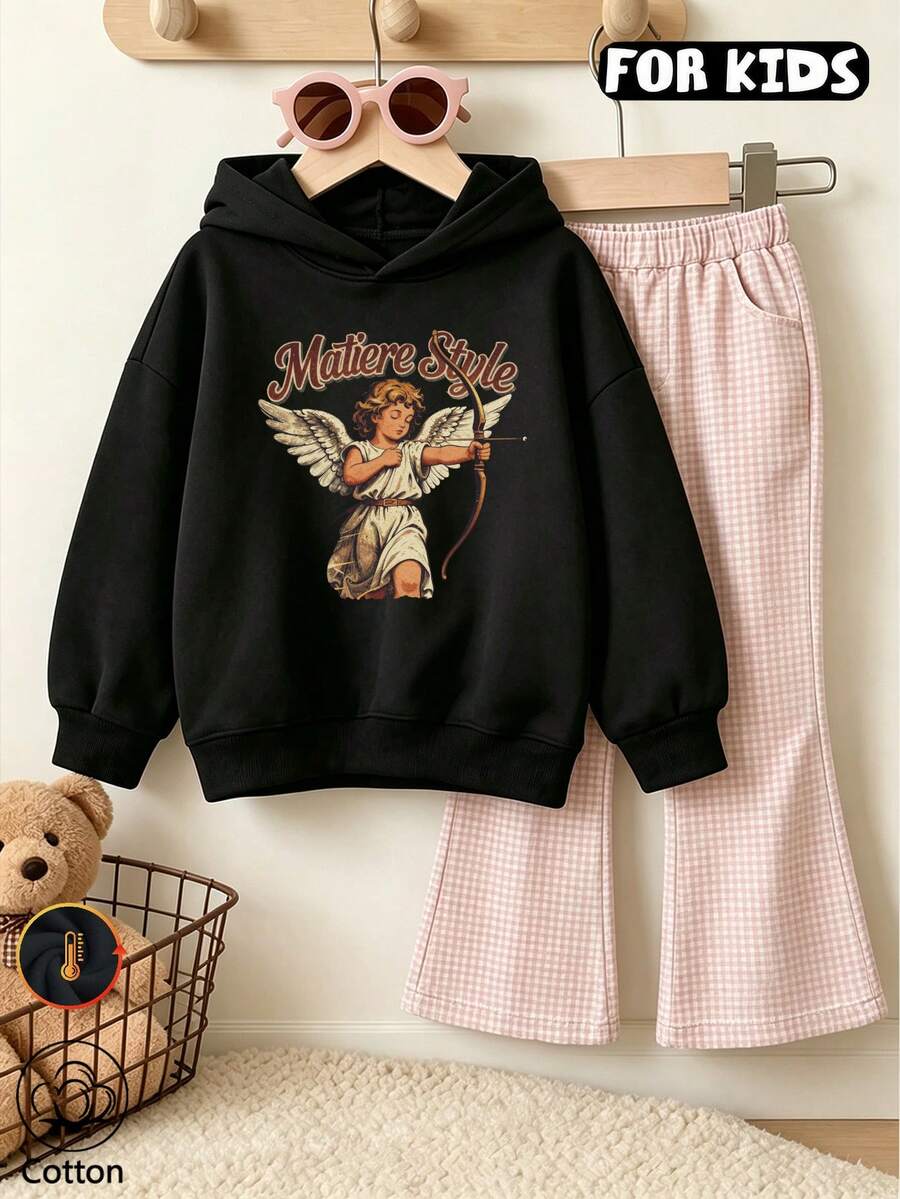 Girls' Vintage Angel Cupid Print Hooded Sweatshirt, Long Sleeve Casual Loose Fit Sweatshirt For Tween Girls - Black - View 1