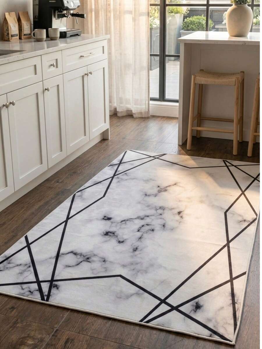 Non-Slip, Washable, Digitally Printed Rug, Runner, Kitchen Rug - Black and White - View 1