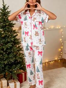 2pcs/Set Christmas Women's Pajama Set, Santa Claus Christmas Tree Cartoon Bear Print Pattern, 2-Piece Women's Short Sleeve Pajama Set, Lapel Short Sleeve Cardigan And Long Pants Set, Suitable For All Seasons, Home Wear, Comfortable And Loose - White - View 4