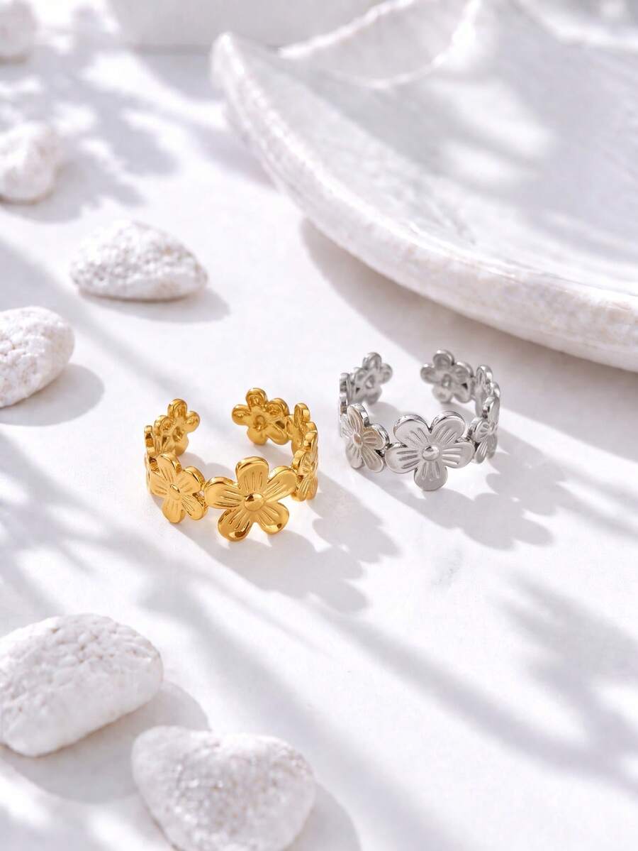 French Romantic Sweet Daisy Row Flower Open Ring, INS Style Minimalist Elegant Versatile Adjustable Index Finger Ring, Premium Women's Hand Jewelry Gift - Gold - View 1