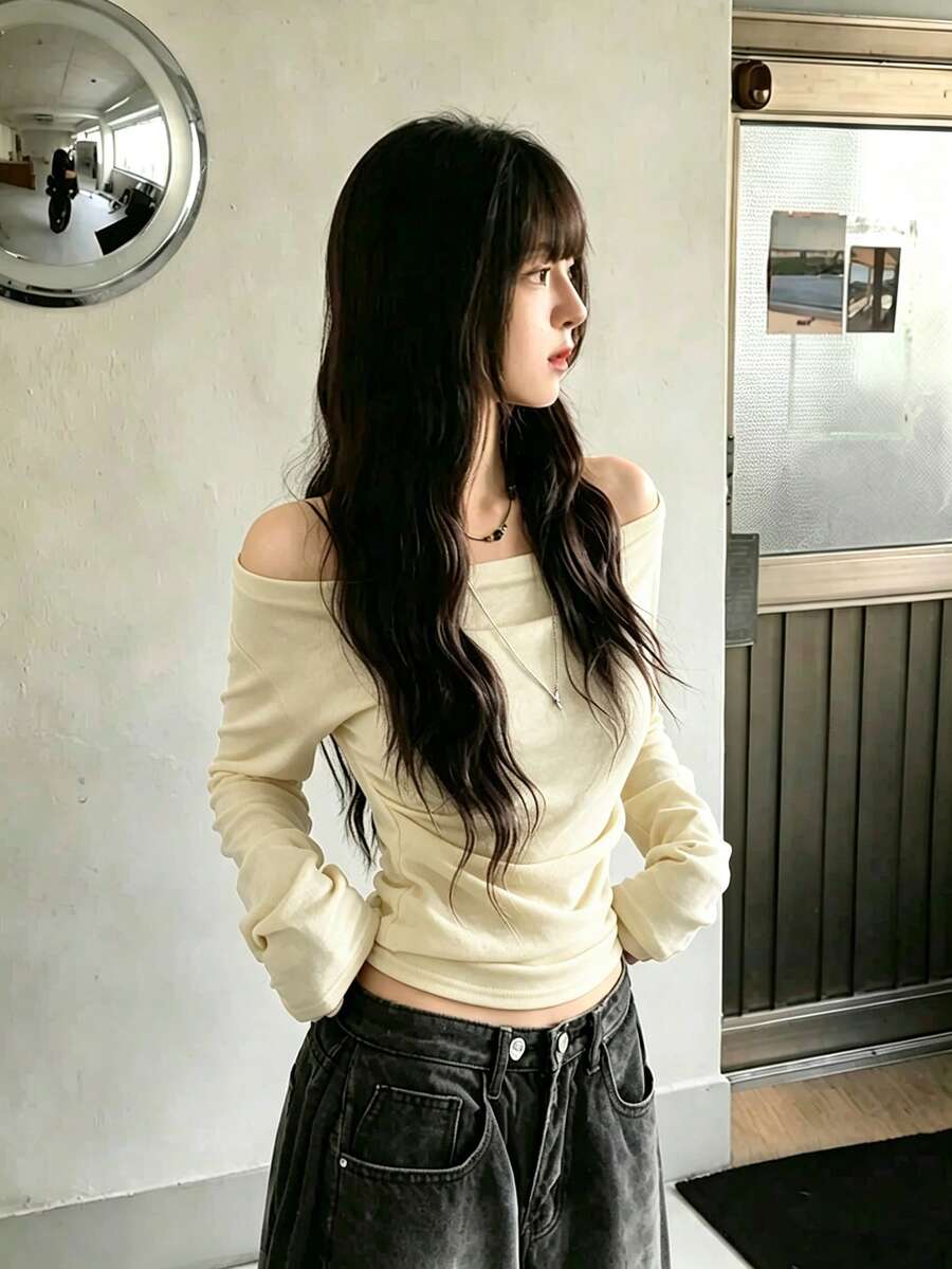 性感修身露肩長袖上衣 女款 秋冬內搭 - 杏色 - 查看 1