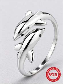 lunastudio 1pc 925 Sterling Silver Double Dolphin Ring For Women Daily Wear - Silver - View 2