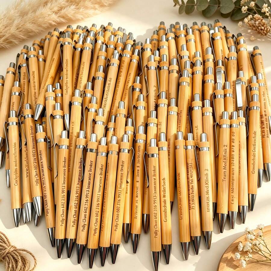 1pc/6pcs-Retractable Bamboo Ballpoint Pen With Printed Text, Bamboo Barrel Design, Smooth Writing, No Ink Smudging, High Cost-Performance, Suitable For Personal Daily Office, School, Business Supplies (Random Style) - Round - View 1