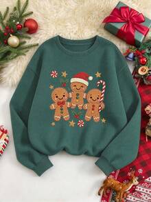 Women's Christmas-Themed Casual Long-Sleeve Sweater With A Round Neck, Dark Green. - Dark Forest Green - View 7