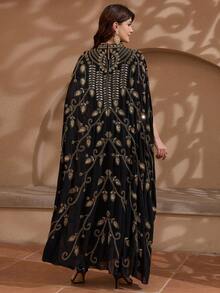 JINLICX Luxury Black Chiffon Kaftan Gold Leaf Sequin & Rhinestone Hand Beaded Cape Maxi Dress, - Black - View 2