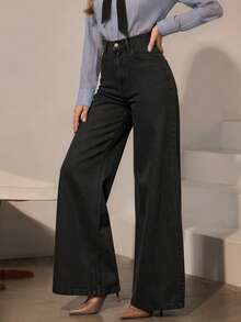 Women's Casual Daily Denim Wide Leg Pants With Pockets And Buttons - Black - View 7