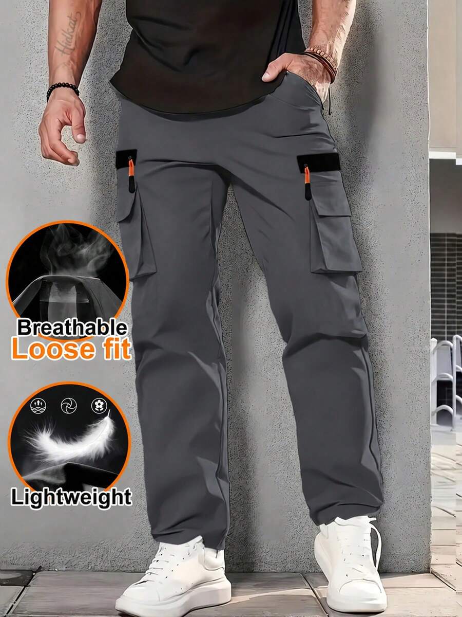 Spring/Summer Men's Outdoor Multi-Pocket Cargo Pants, Drawstring Waist Design, Multi-Pocket Design Provides Ample Storage Space, Suitable For Outdoor Activities, Hiking And Daily Wear - Grey - View 1