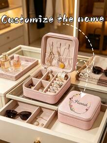 Customized Name Floral Wreath PU Travel Jewelry Box, Portable Compartment Storage For Rings, Earrings, Necklaces, Bridesmaid & Girls Birthday Gift - Multicolor - View 4