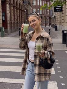 Women's Vintage Plaid Long Sleeve Button-Up Shirt, Street Style Casual Daily Commute Fashion Versatile Outfit, Suitable For Autumn/Winter - Khaki - View 3
