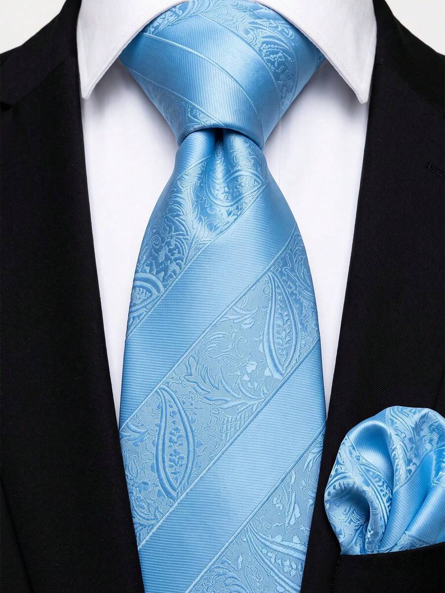 Men's Tie Set, Classic Fashion Tie & Pocket Square Set, Suitable For Weddings, Business And Banquets - Baby Blue - View 1