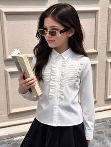Girls' Urban Elegant Ruffle White Shirt, Napoleon Style Embroidered Button Decor, Fashion New Arrival, Campus Outfit, Back To School Season, All-Season Wear - White - View 10