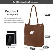 Corduroy Tote Bag, Minimalist Letter Patch Large Capacity Shoulder Bag, Casual Snap Button Shopping Handbag For School Daily Use - Coffee Brown - View 4