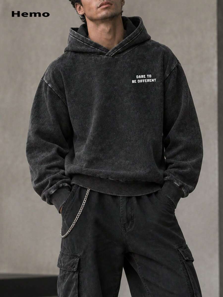 Hemo 男士冬季街頭風圖案連帽衛衣，微彈修身保暖內裡棉混紡黑色套頭長袖連帽上衣，休閒日常穿搭