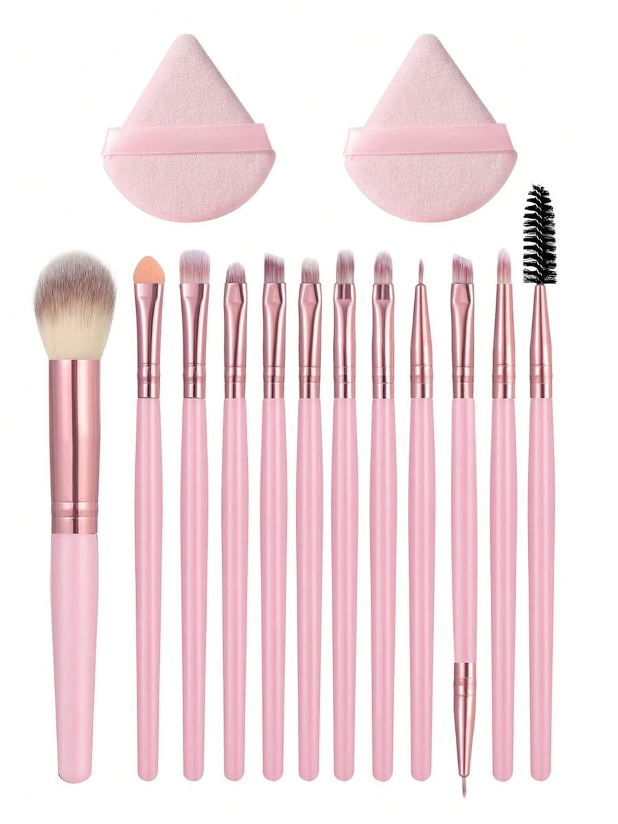 14 Pcs Makeup Tool Set, 12 Pcs Pink Makeup Brushes And 2 Pcs Light Pink Triangle Powder Puffs, Soft Smooth Bristles For Easy Blending, Help You Create Clean And Delicate Makeup For Daily And Party Use. - Multicolor - View 1
