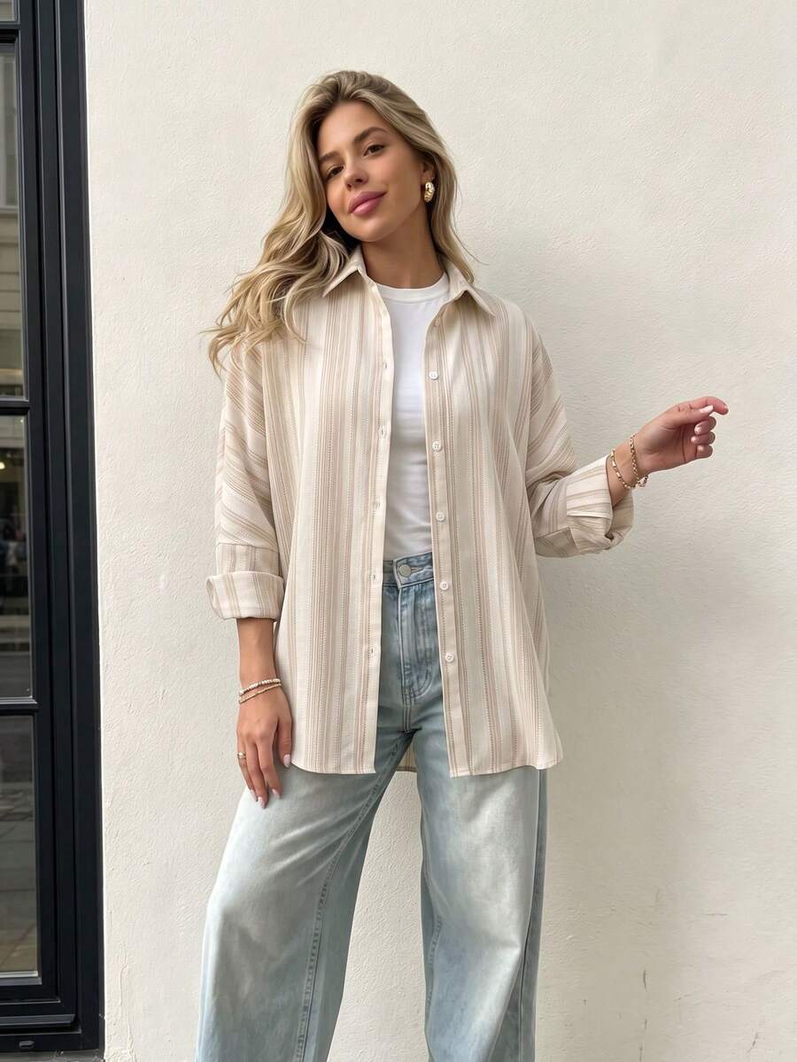 Women's Non-Stretch Striped Button-Down Shirt, Long Sleeve Lapel Loose Fit, Suitable For Casual Office Daily Wear - Pink - View 1