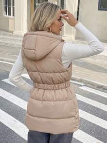 Women's Hooded Puffer Vest, Padded Sleeveless Zip Up Jacket With Drawstring Hood,Side Pockets,Casual - Beige - View 4