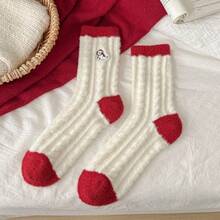 1pair/3pairs/5pairs, Cozy Christmas Plush Socks, Twisted Texture Colorblock Embroidered Thick Home Floor Socks, Holiday Gift Socks - Multicolor - View 6