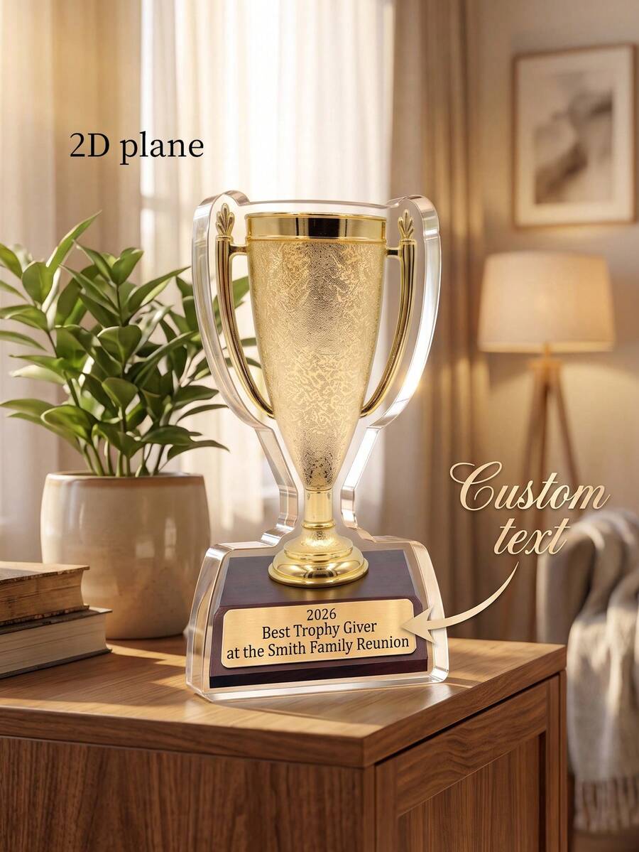 1pc Personalized Acrylic Trophy Award With Golden Cup Ornament, Custom Text,Customizable Prize For Family Reunion, Office Recognition, Sports Competition, Party Winner Souvenir Gift - Multicolor - View 1