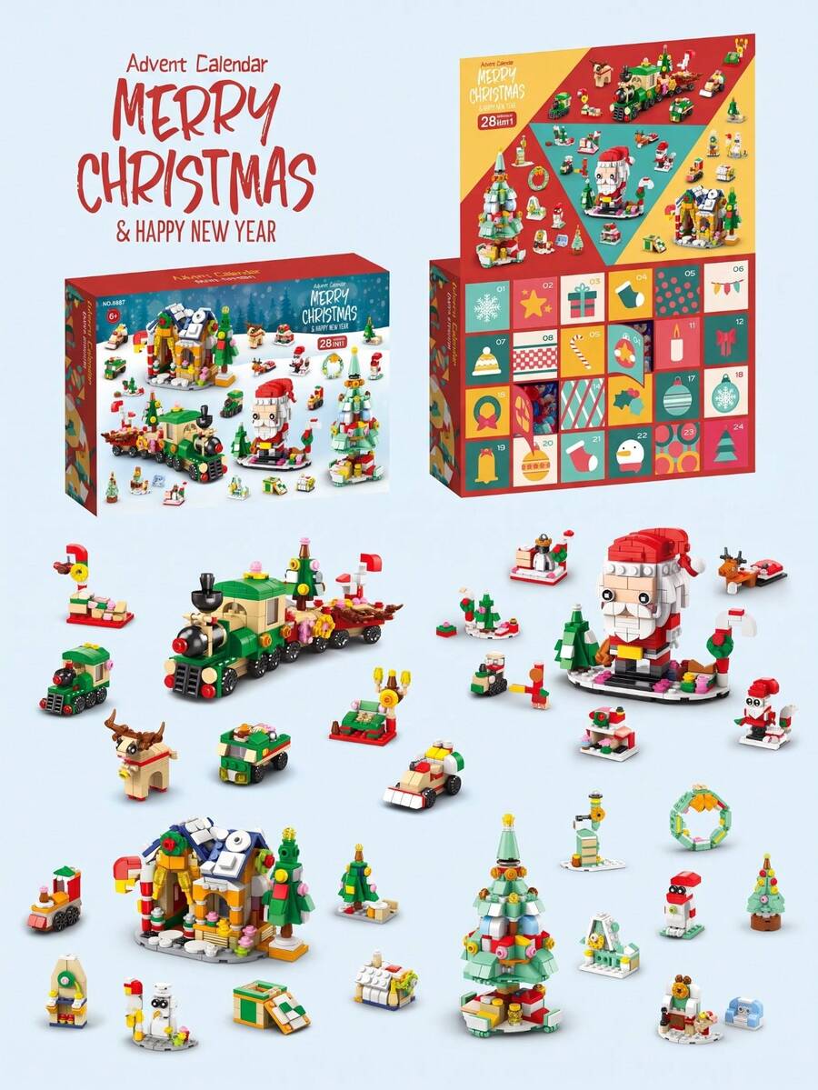 Kalender Advent Natal Balok Bangunan, Kotak Misteri Hitung Mundur 24 Hari, 1122 Potongan, 28 Gaya 6-in-1, Balok Bangunan Rakitan DIY, Mainan Arsitektur Rumah Kereta Api Pohon Santa Natal, Hadiah Pesta Natal Remaja - MultiWarna - View 1