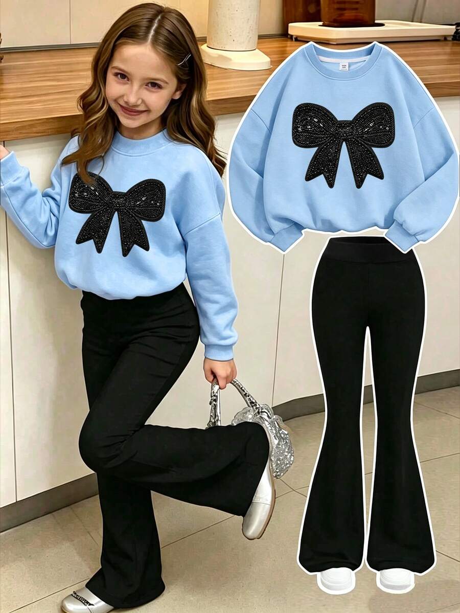 2pcs Set Suitable For Girls, Round Neck Sweatshirt And Flare Pants Outfit, Black Lace Bow Print Pattern Round Neck Sweatshirt + Flare Pants Set, Suitable For Autumn/Winter, Campus Style, Homecoming Outfit - Multicolor - View 1