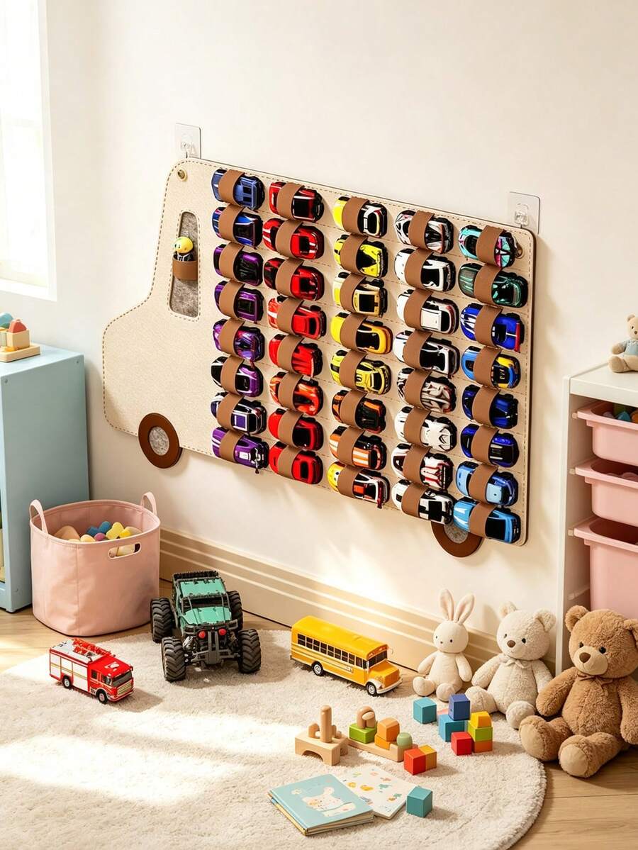 Large Capacity Wall-Mounted Felt Storage Bag For Toy Cars And Model Cars, 1:64 Scale Car Organizer With Hooks - Multicolor - View 1